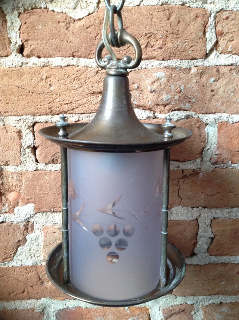 Vintage Brass Pendant Lamp Cut Glass Grapes Finials Carriage Lamp SALE