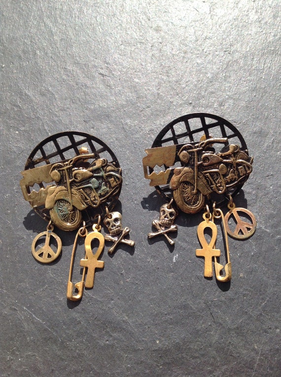 Vintage 1980s punk earrings - motorcycle, safety … - image 1