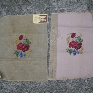 2 Vintage Pre-worked Petite Point Needle Point Canvas - Poppy bouquet with wheat and corn flowers - Paragon