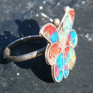 butterfly rainbow ring Vintage sterling Mexican Silver adjustable, colorful image 3