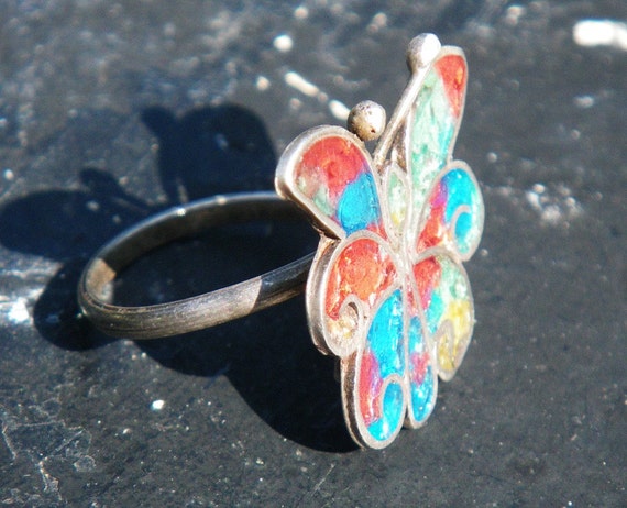 butterfly rainbow ring - Vintage sterling Mexican… - image 3