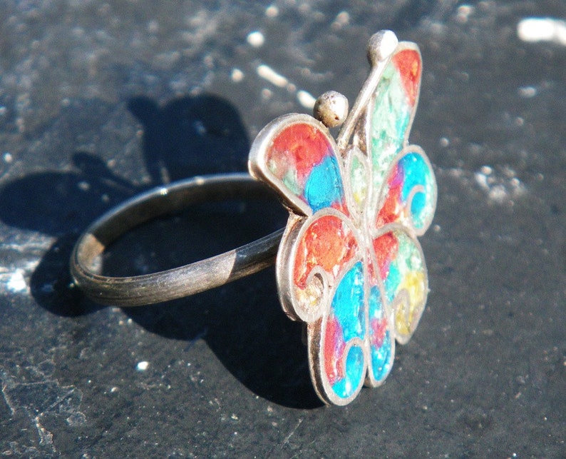 butterfly rainbow ring Vintage sterling Mexican Silver adjustable, colorful image 3