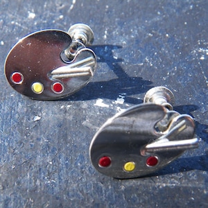 Vintage Beau Sterling Artist Palette and Brushes enamel earrings -  1950- 1960s - painter