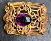 Large Art Nouveau Brooch with purple stone - gilt repousse - vintage