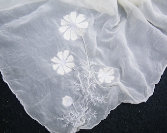 Vintage Bride's Handkerchief - embroidered silk crepe - flowers - something blue