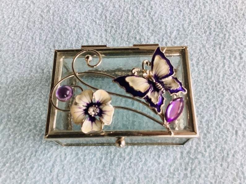 2 Enameled Butterfly And Flower Motif Trinket Boxes