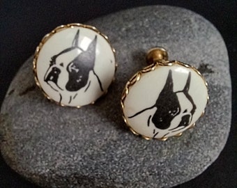 Vintage Boston Terrier Mid Century Handpainted Porcelain Earrings