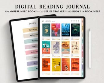 May include: Digital reading journal displayed on a tablet, featuring a digital library with book covers and an index. The text reads: "DIGITAL READING JOURNAL 120 HYPERLINKED BOOKS - 120 SERIES TRACKERS - 60 BOOKS IN BOOKSHELF."
