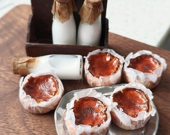 Miniature Basque Cheesecake Tart and Milk in Bottle for Dolls: 1/6 Scale Polymer Clay Food