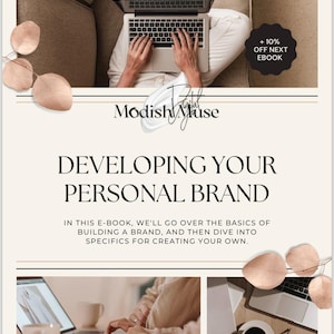 Puede incluir: Un libro de trabajo de marketing digital con el título "Developing Your Personal Brand". La portada presenta a una mujer trabajando en una computadora portátil, con el texto "Let's Get Started" y "Modish Muse" en la página.