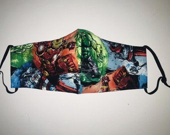ADULT Red Green Blue Super Hero Comic face mask WITH nose wire and filter pocket