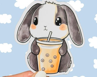Vinyl Baby Bunny Boba Tea Sticker - Cute Black & White Bunny Drinking Bubble Tea - Durable and Resistant - 3.0" x 2.7"