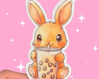Vinyl Bunny Boba Tea Sticker - Cute Brown Bunny Drinking Bubble Tea - Durable & Resistant - 3.0" x 1.7"