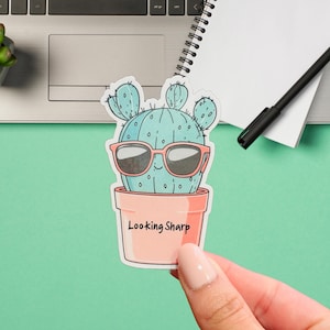 May include: A cartoon cactus wearing sunglasses in a pink pot with the text "Looking Sharp".