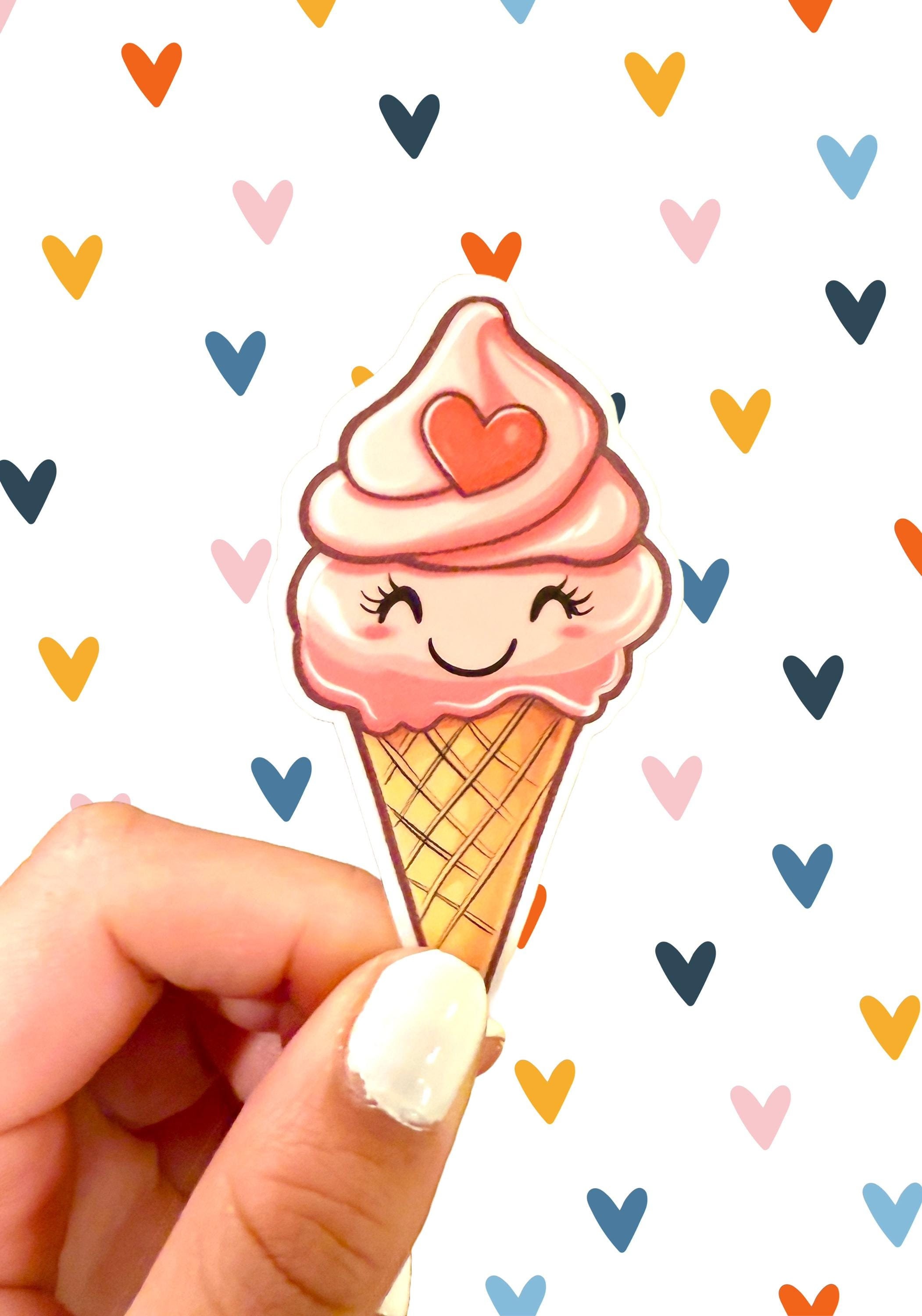 小物 HLT Ice Cream Strap & Sticker Strawberry Ice Cream Vinyl Die-cut Sticker - Cute Cone With Heart