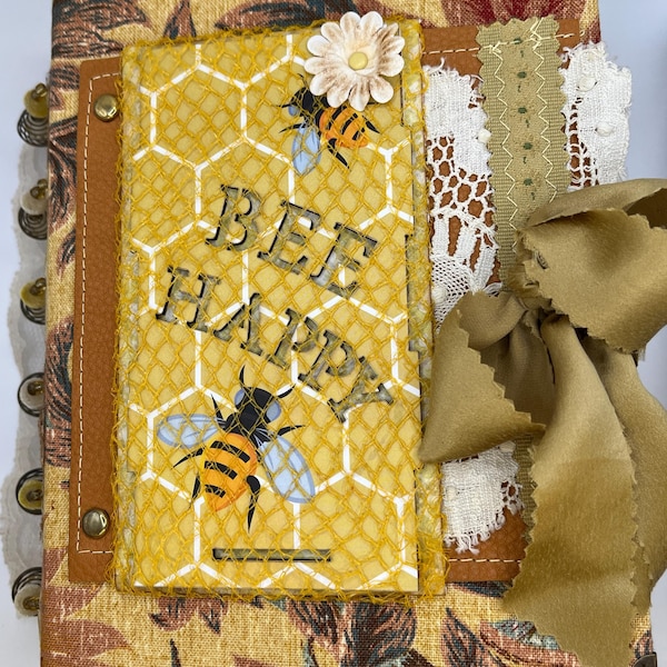 Beatrice: A bee-themed Junk Journal, vintage fabrics, linens, book pages, lace, buttons, pages, embroidery, ephemera 3 signatures, 60 pages.