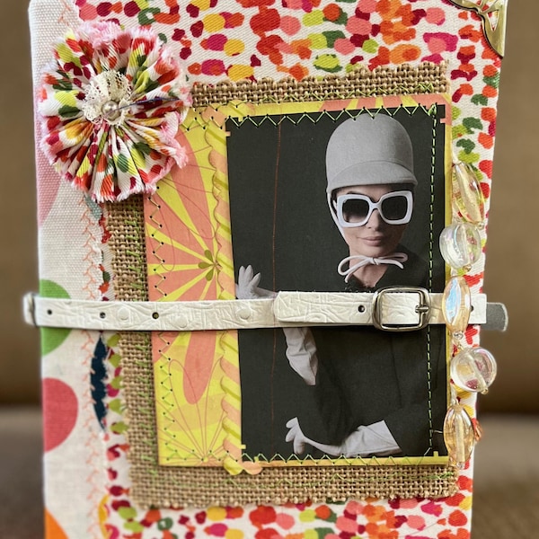 Moonbeam: inspired by the 1950s and '60s, vintage fabrics, ephemera, book and magazine pages, junk journals, lace, paper, charms, beads, hip