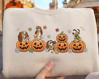 EMBROIDERED Disney Dogs Fall vibes Pumpkin Halloween T-shirt Sweatshirt Hoodie, Pluto Slinky Lady Copper, WDW Disneyland Embroidery shirt