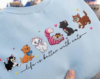 EMBROIDERD Disney Cats All Characters TShirt Sweatshirt Hoodie, Disney Cat, Cheshire Cat Lucifer Yzma Aristocats Cat, Disney Pet Lovers Tee
