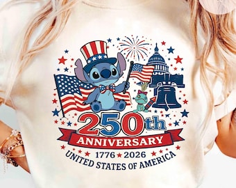 Stitch America 250 Anniversary Boxy Tee TShirt, WDW Disney Family America Fourth of July, Red White and Blue USA, Patriotic Disney Tanktop