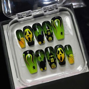 Halloween Press On Nails, Ghostface Scary Movie Nails, Haunted House Spooky Fake Nails, Green Black Long Coffin Nails