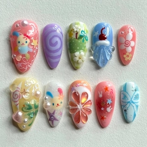 Whimsical Cute Press On Nails, Colorful Cartoon Nail Set, Kawaii Bunny Press On Nails, Y2K Handmade Nails for Women
