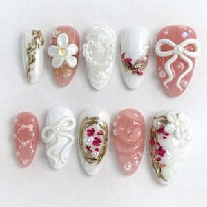 Luxe bruids pers op nagels - 3D parel strik nagels - handgemaakte bruiloft nagels - elegante witte en roze nagels - aangepaste lange nepnagels - Moederdag