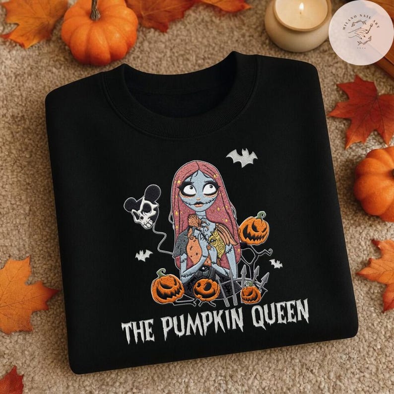 May include: A black crewneck sweatshirt featuring a graphic print of a female character with long pink hair, surrounded by orange jack-o'-lanterns, bats, and a skull-shaped balloon. The text "THE PUMPKIN QUEEN" is printed in white below the graphic.