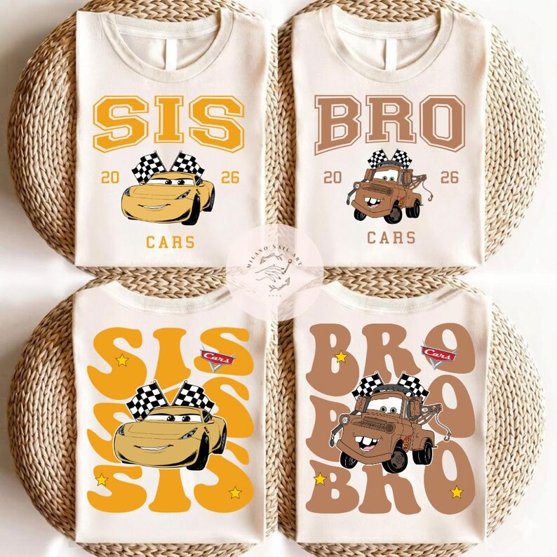May include: Four white t-shirts with cartoon car graphics. Two shirts say "SIS" with a yellow car and checkered flags, and the other two say "BRO" with a brown truck and checkered flags. The shirts are on a woven background.