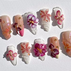 3D Dry Orchard Flower Press On Nail - Almond Nails - Custom Handpainted Acrylic Spring Fake/False Nail, Floral Nails - Dreamy Nails - B26