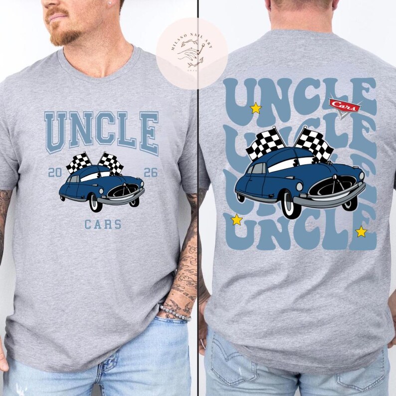 May include: A gray t-shirt with a blue car graphic and the word "UNCLE" in blue block letters. The car has checkered flags and the text "CARS" below. The back of the shirt repeats "UNCLE" with a car graphic and stars.