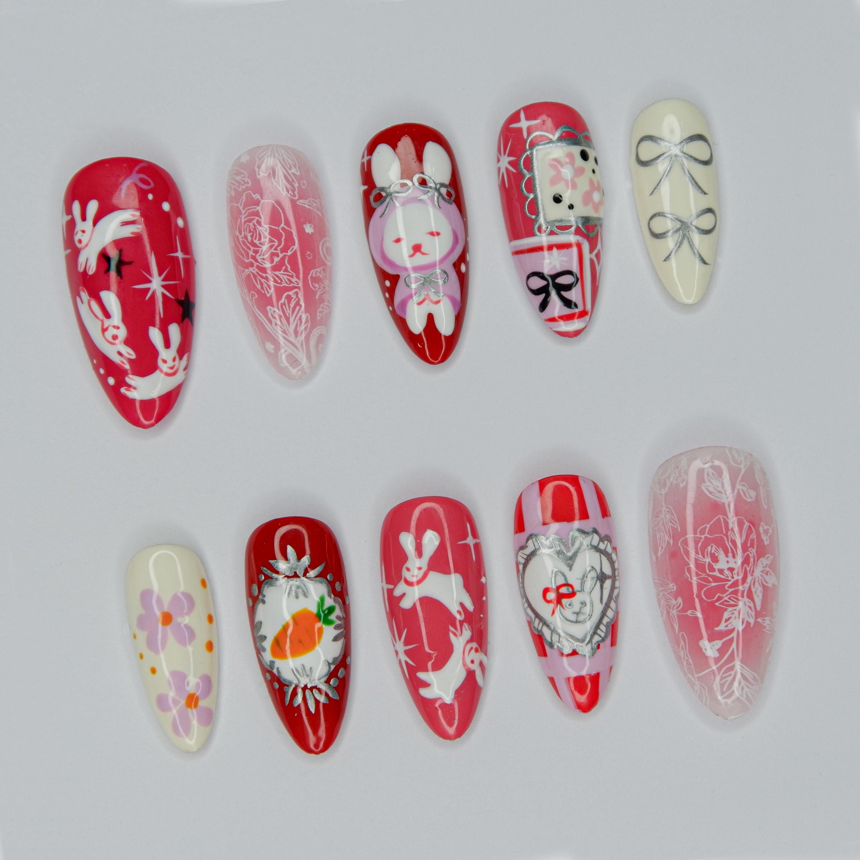 かわいいウサギのプレスオンネイル - エレガントなモチーフの Y2K