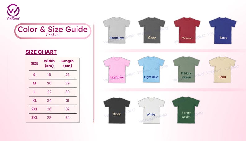 May include: A t-shirt colour and size guide. The size chart shows width and length in centimetres. The image displays t-shirts in various colours: SportGrey, Grey, Maroon, Navy, Light Pink, Light Blue, Military Green, Sand, Black, White, and Forest Green.