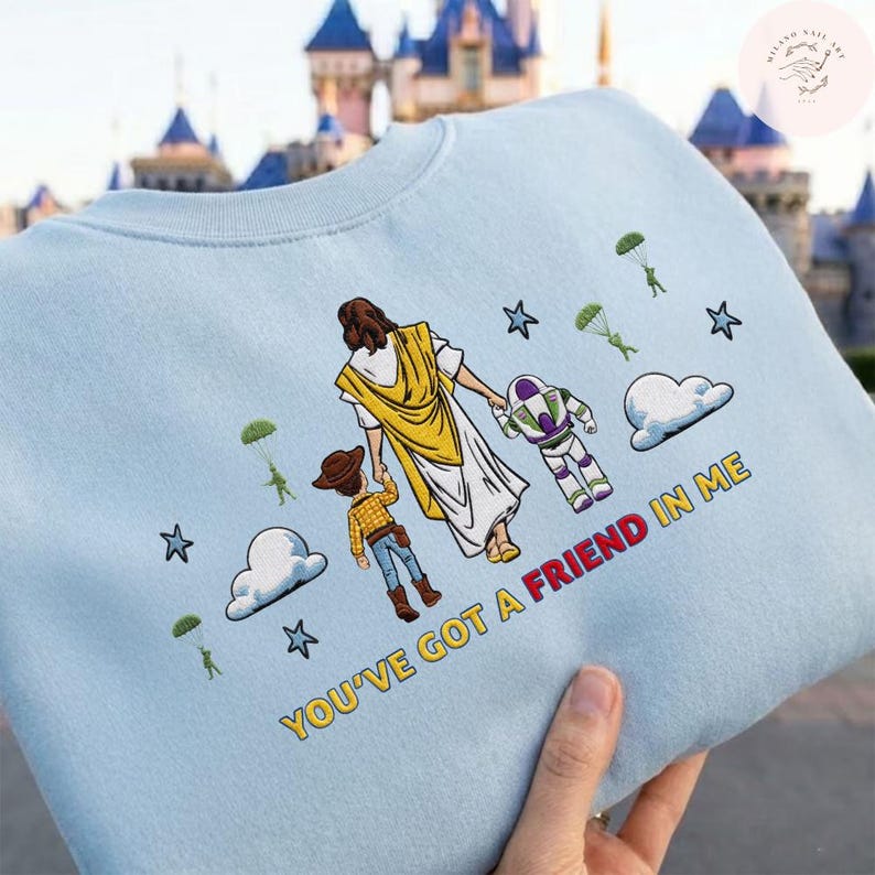 EMBROIDERD Jesus You've Got A Friend In Me TShirt Sweatshirt Hoodie, Jesus Toy Story, Christian Cartoon, Faith Friendship, Disney Jesus Tee image 4