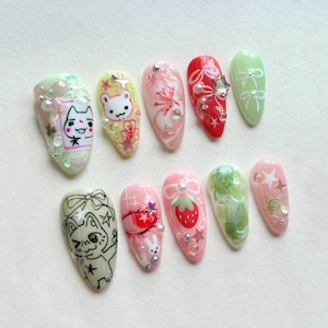 Funny Cartoon Almond Nail Set - Trendy Cartoon & Anime Designs - Unique Cartoon Nail Art - Hand-Decorated with Cute Characters