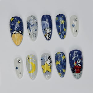 Uñas postizas con dibujos de noche estrellada - Arte de uñas celestial pintado a mano - Uñas de luna y estrella hechas a mano - Idea de regalo rápida - C100