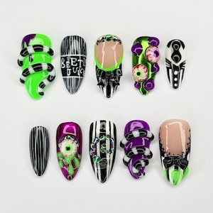 Beetlejuice Press On Nails, 3D Halloween Nails, Glow Green Stripe Press On Nails, Gothic Horror Nail Art Set