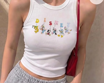 EMBROIDERED Disney Mickey And Friends Balloon Tank Top Baby Tee, Embroidery Mickey Minne Daisy Lace Trim Tank Top, WDW Disneyland Vacation