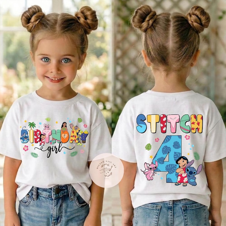 May include: White t-shirt with colorful graphics. The front features the text "Birthday Girl" with cartoon characters. The back displays "Stitch" and the number "4" with Stitch and Angel characters. The shirt is worn by a young girl.