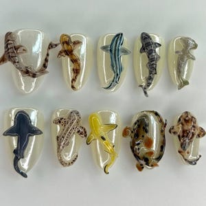 3D Hai Press On Nails - 3D Ozean Nail Art - Handgefertigte künstliche Nägel aus dem Meeresleben - Realistische Aquarium Press On Nails - Kundenspezifische Tiefsee Nägel