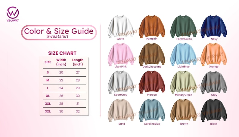 May include: A colour and size guide for sweatshirts, featuring a size chart with measurements in inches and a variety of sweatshirt colours, including white, pumpkin, forest green, and navy.