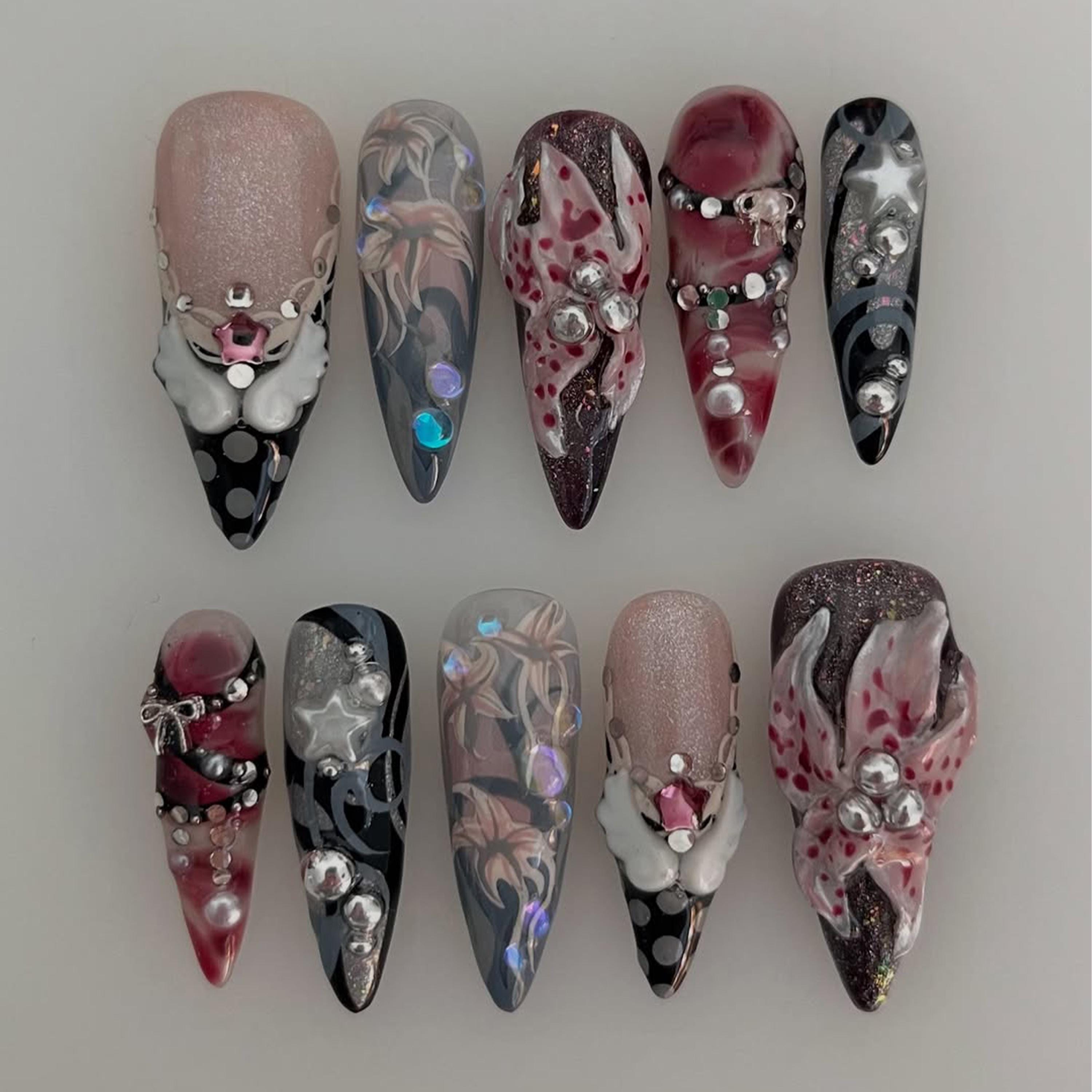 Gothic Glam Press on Nails, Red Black Rhinestone 3D Flower