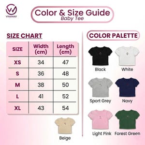 May include: A color and size guide for a baby tee, featuring a size chart with measurements in centimeters and a color palette. The available colors are black, white, sport grey, navy, beige, light pink, and forest green.