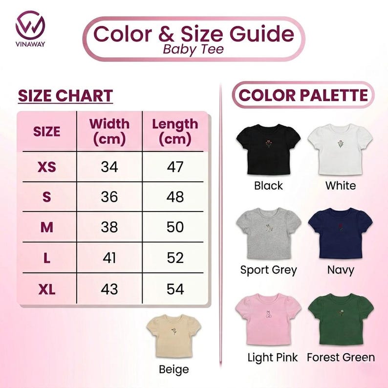 May include: A color and size guide for a baby tee, featuring a size chart with measurements in centimeters and a color palette. The available colors are black, white, sport grey, navy, beige, light pink, and forest green.