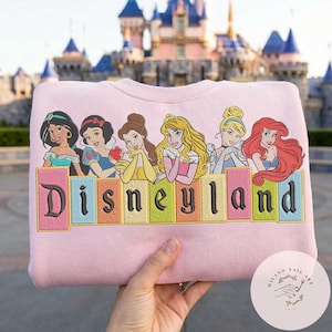 May include: A pale pink sweatshirt with embroidered Disney princesses and the word "Disneyland" in colourful letters. The princesses include Jasmine, Snow White, Belle, Aurora, Cinderella, and Ariel. A castle is in the background.