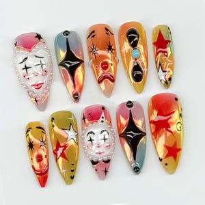 Artistic Clown-Themed Press On Nails - Bold and Vibrant Carnival-Inspired Design - Unique and Artistic Nail Design - Limited Edition - B120