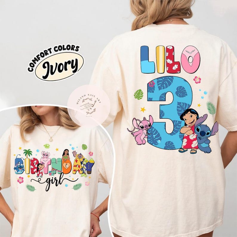 May include: Ivory-colored t-shirt featuring the text "BIRTHDAY girl" with cartoon characters and tropical elements. The back of the shirt displays the number "3" with Lilo and Stitch characters. The shirt is a Comfort Colors brand.