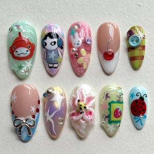 Kawaii Press On Nails, Cute Cartoon Fake Nails, 3D Art Nails, Colorful Handmade Nails, Pastel Cute Nail Set, Korean Style Nails Set