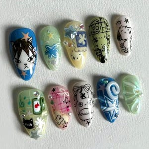 Uñas postizas con dibujos animados / Diseños únicos de dibujos animados / Decoradas a mano con personajes adorables / Diseños modernos de dibujos animados y anime - B43