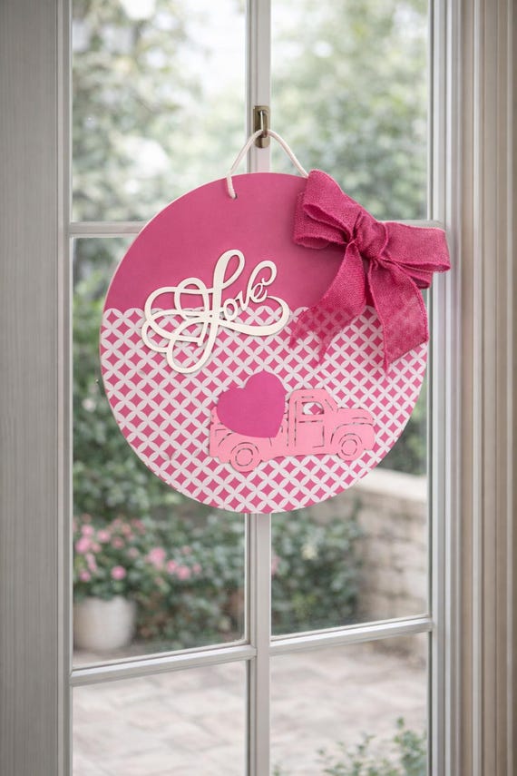 Pink 18 Inch Door Hanger | Love Truck, Burlap Bow